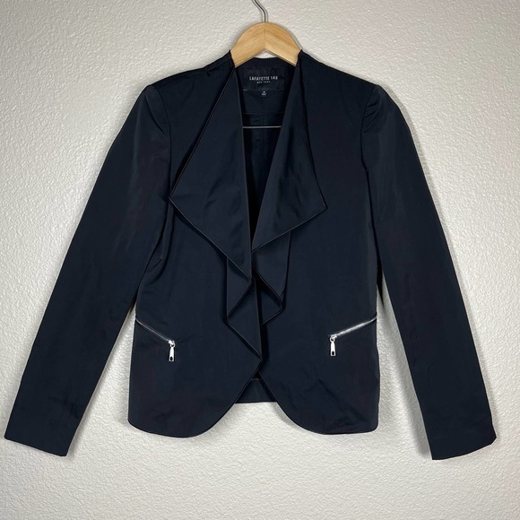 Lafayette 148 Jacket Draped Front Black Zip Pockets Women’s Size 0 - Picture 1 of 8